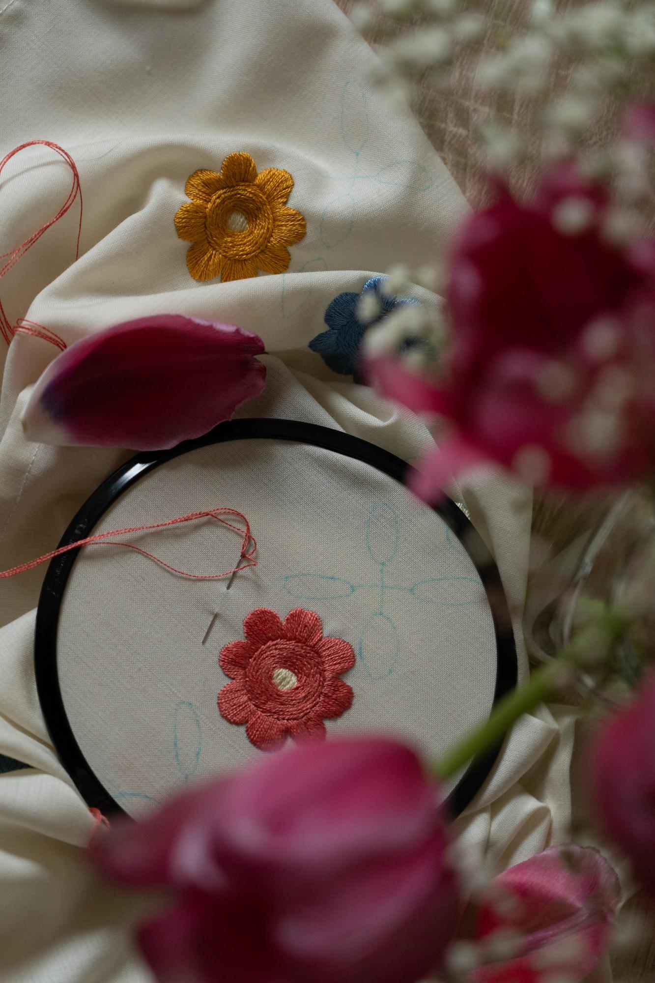 close-up editorial shot of embroidered floral